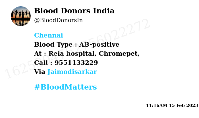 BloodDonorsIn's tweet photo. #Chennai 
Need #Blood Type :  AB-positive
Blood Component : 10 units of AB+ve, 10 units of Any Group, 5 units of Plasma
Number of Units : 25
Primary Number : 9551133229
Secondary Number : 9445582911
Patient : Prakash Babu
Via: @Jaimodisarkar
#BloodMatters https://t.co/olJX4JP7ls