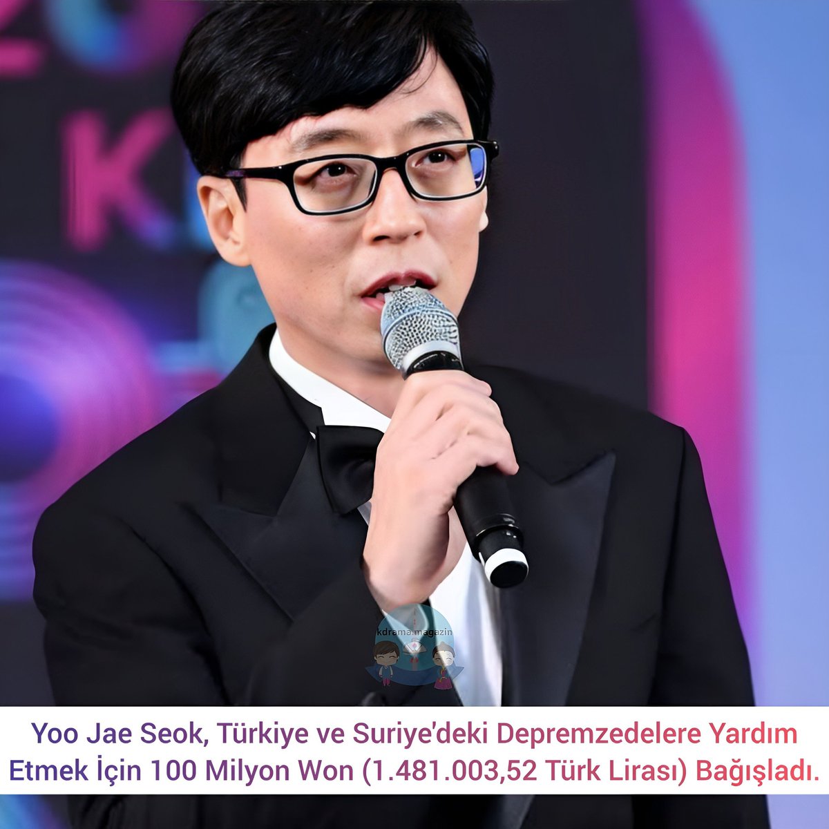 #YooJaeSeok, Türkiye ve Suriye'deki Depremzedelere Yardım Etmek İçin 100 Milyon Won (1.481.003,52 Türk Lirası) Bağışladı.