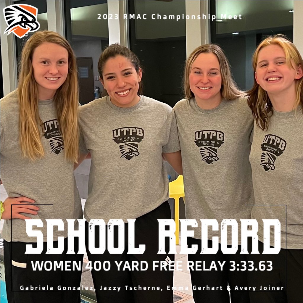 UTPBSwimDive's tweet photo. 🚨NEW SCHOOL RECORD ALERT🚨

The Women’s 400 Yard Free Relay Team set a new school record at the RMAC Championships!  The event was swam by Gabriela Gonzalez, Jazzy Tscherne, Emma Gerhardt &amp; Avery Joiner with a time of 3:33.63. Congratulations Falcon Ladies! #FalconPride 🤙🖤🧡 https://t.co/ceIMqh7Pb9