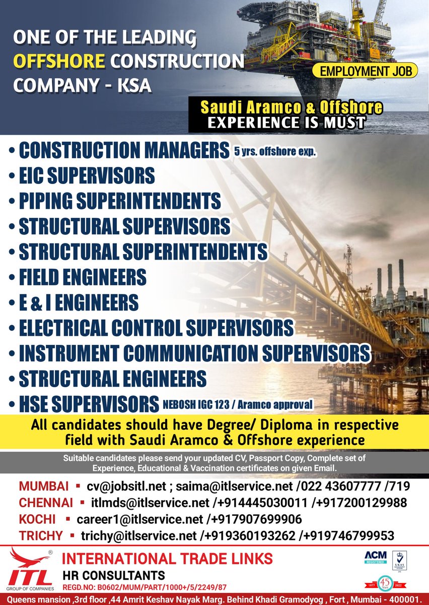 ItlJobs's tweet photo. JOB VACANCY FOR #saudiarabia

CLICK ON LINK TO APPLY JOB > https://t.co/t4H7IxSbKZ
Learn more :
https://t.co/L5a1jS3E2s

#ksajobs #saudijobseeker #offshore #eic #supervisorjobs #superintendent #engineerjob #Aramco #offshorejob #saudiaramco #field #piping #structural   #job https://t.co/V2kSF2xKd4
