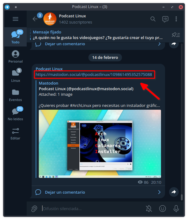 podcastlinux's tweet photo. Quiero potenciar más a #Mastodon en mis publicaciones y he empezado por utilizarlo en mi canal de #Telegram con su #feed.
Más interacción que con el pajarito, aunque haya menos público.
Una forma muy sencilla de compartir todo lo que se cuece en #PodcastLinux.
¿Qué te parece? https://t.co/EAQ2xU9ykh