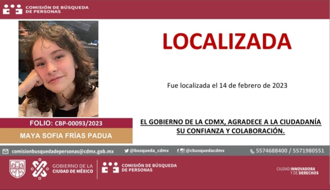 Se informa a la ciudadanía que Maya Sofía Frías Padua ha sido localizada.

Esta Comisión de Búsqueda de Personas CDMX agradece su colaboración y confianza.
 x.com/busqueda_cdmx/…

#CiudadDeMéxico  #BúsquedaCDMX
