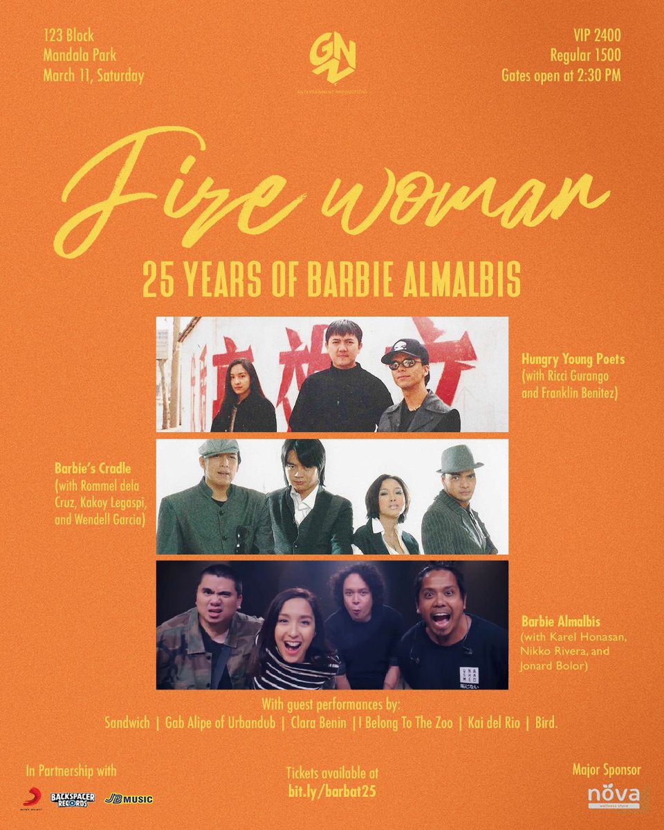 For my 25th anniversary celebration, I’m excited to share the stage with my former bands, Hungry Young Poets and Barbie’s Cradle to perform some of your favorite songs.

🎟: bit.ly/barbat25
🗓: 123 Block, Mandala Park | 3.11.23
⏰: 2pm onwards
