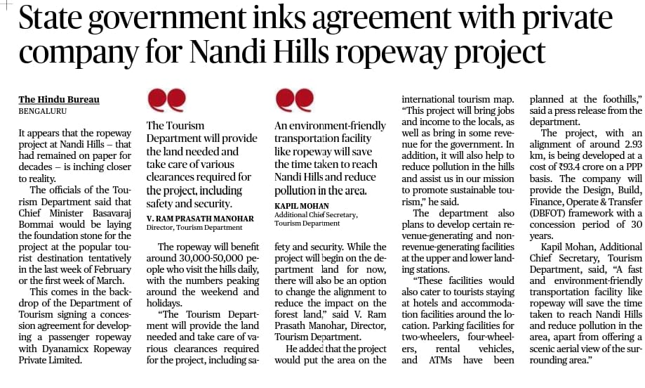The 4-decade long wait for the ropeway project at #NandiHills is finally over! Foundation stone for the project will be laid by Hon'ble CM <a href="/BSBommai/">Basavaraj S Bommai</a> avaru in the upcoming weeks.
A dream come true moment for the people of Chikkaballapura!
#Ropeway #NandiHills