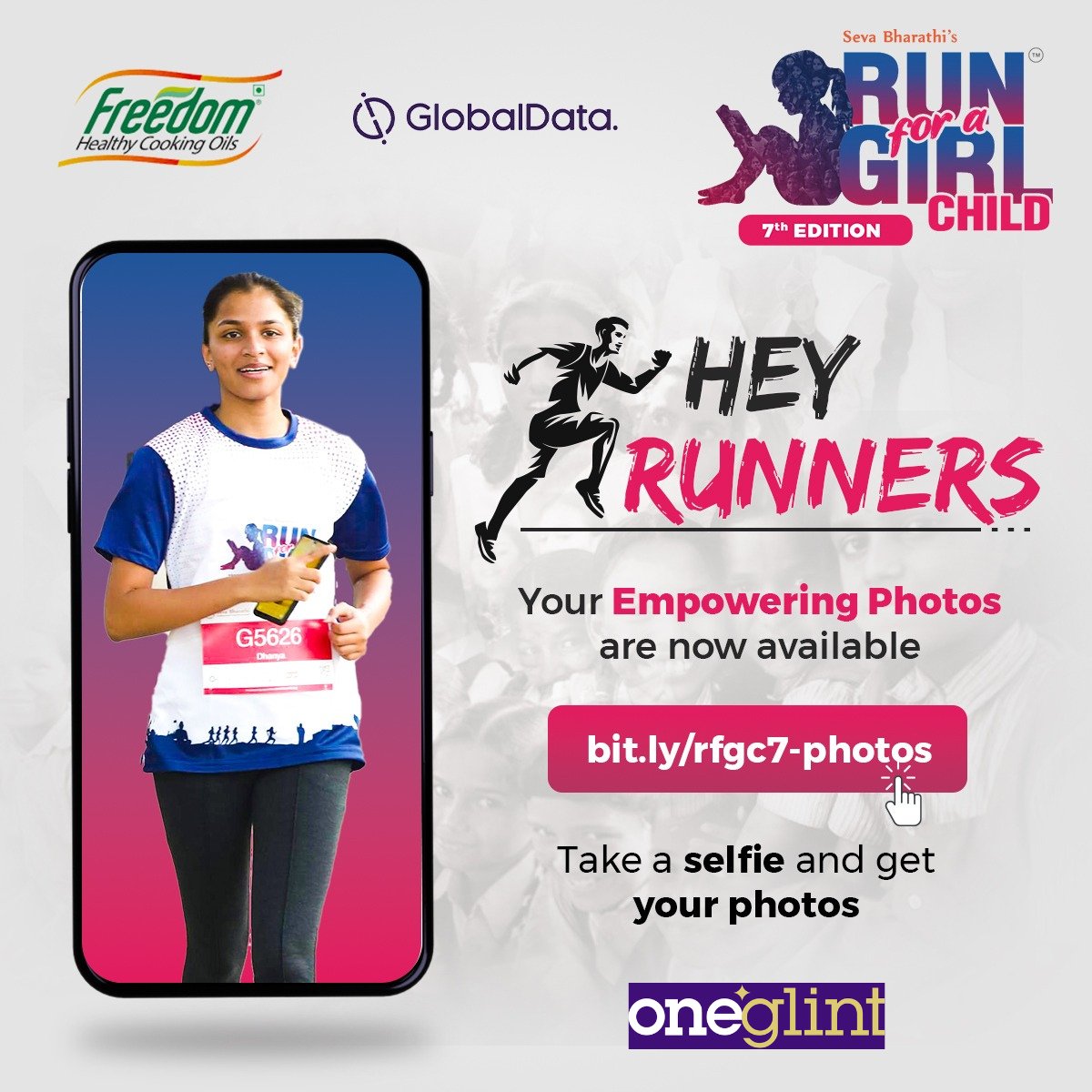 Thank you to all the runners! 
You can now download your run photos from bit.ly/rfgc7-photos using the #selfie option. 
Don't forget to tag us [#RunForAGirlChild @sevabharathitg ] and share your amazing moments! 

#runphotos @OneGlint #FreedomHealthyOil #GlobalData