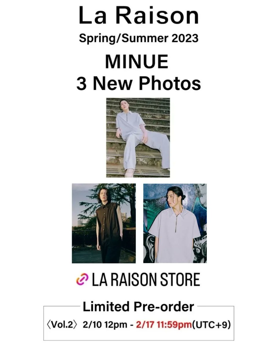 MinueSingapore's tweet photo. Limited Pre-order ‼️ Women's and Men's Spring/Summer 2023
<Vol.2> 2/10 (12:00 PM) - 2/17 (11:59 PM) UTC +9)
👉 https://t.co/xxVYWNPz6s
*NOTE: It will be delivered from early May to mid-May as it is a pre-order items.
#LaRaison #LaRaisonSS23 #MINUE #nominwoo #노민우 https://t.co/Lr4QnCqNAO