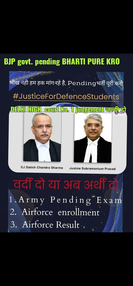 Sandeep24814050's tweet photo. #JusticeForDefenceStudents
Dear Delhi High Court Give Quick decision bcoz Justice delay Justice
Denied waiting From 2 months for 
Judgement nd can't wait so hopefully you will do⚖️💙⚖️
#Army_Cee
#Airforcd_joining  #AirforceResult https://t.co/7rOPruR5rI