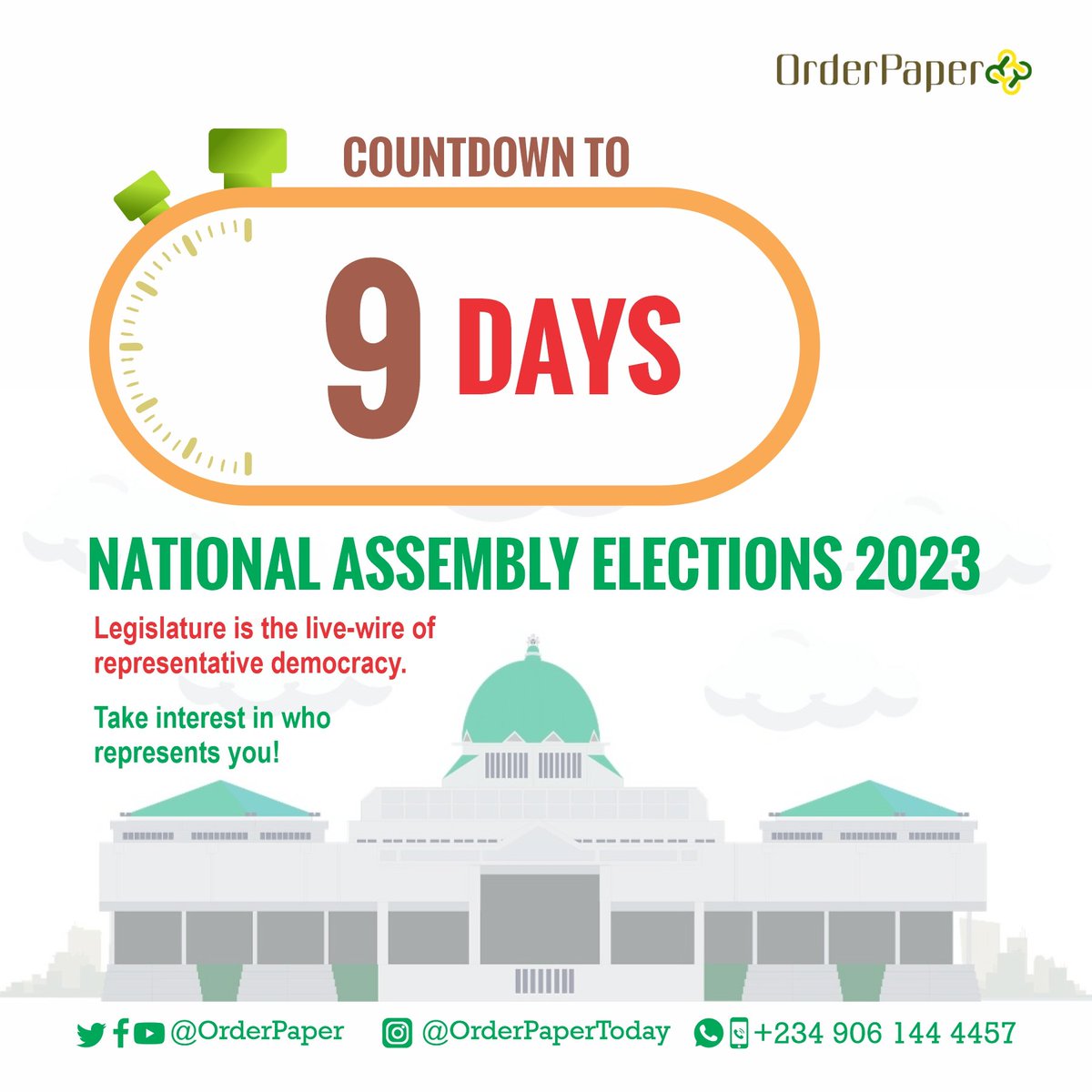 OrderPaper's tweet photo. Countdown continues!  9 days to the General Elections.  
#OurVotesMustCount 
#NoVOTERNoHonourable 
#NigeriaDecides2023 
#OrderPaperNG 
#2023election 
#nigeriansenate
#houseofrepresentatives
@NigeriaScale @inecnigeria @NGRSenate @HouseNGR
@OfficialPDPNig @OfficialAPCNg @NgLabour https://t.co/ZgpqwwAk1b