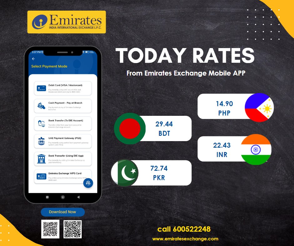 eiiexchange's tweet photo. Remit money easily to your beneficiary with the best rates in the market, try our mobile APP or visit your nearest branch.

#IndiaRupee  #UAE #Remittance #ExchangeRates #pakistanrupee #PisoRate #philppines #EIIE #Emiratesexchange #Emiratesexchangemobileapp #moneytransfers https://t.co/D0lSuTWsac