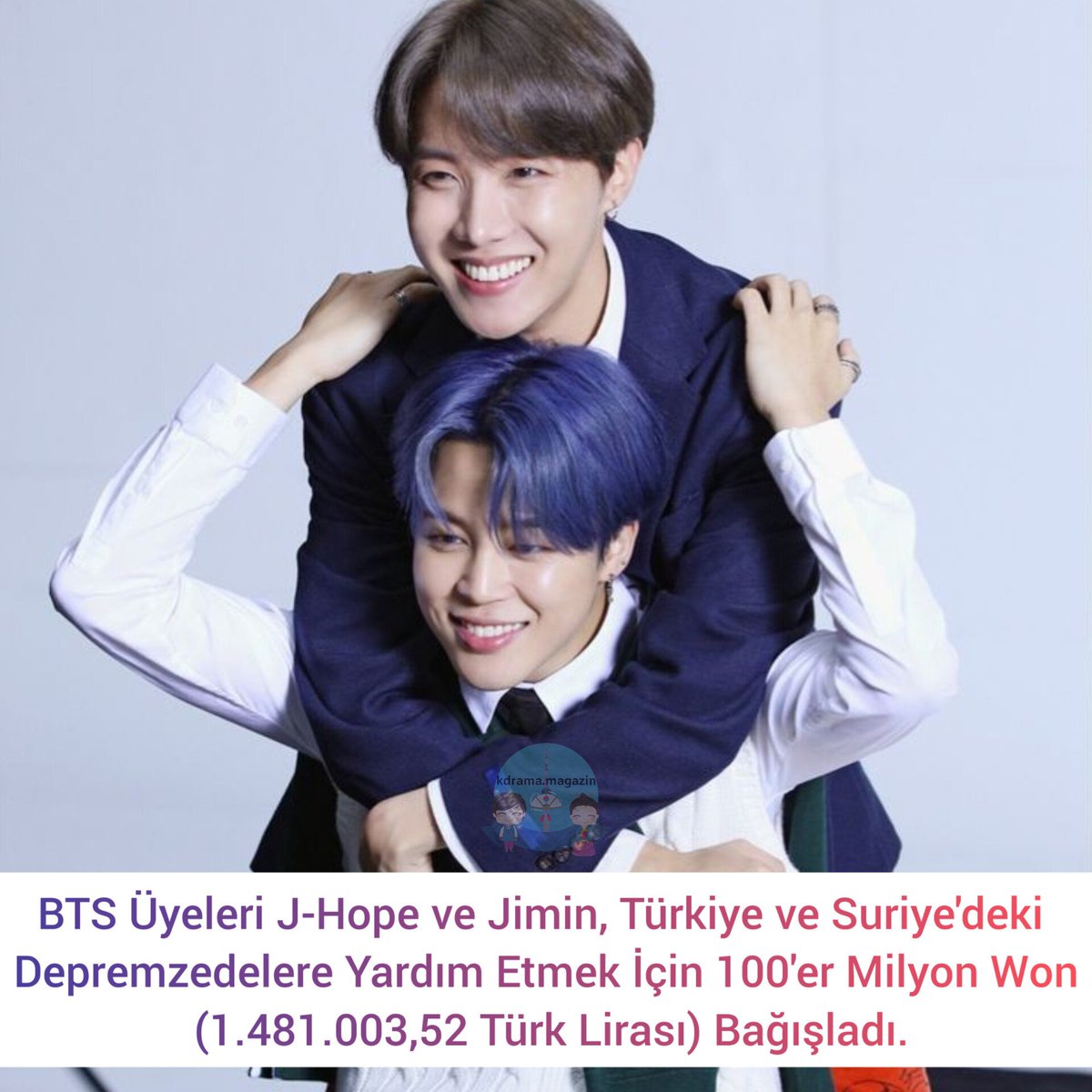 kdrama_magazin's tweet photo. #BTS Üyeleri #JHope ve #Jimin, Türkiye ve Suriye'deki Depremzedelere Yardım Etmek İçin 100'er Milyon Won (1.481.003,52 Türk Lirası) Bağışladı. https://t.co/vnzuWedwRQ