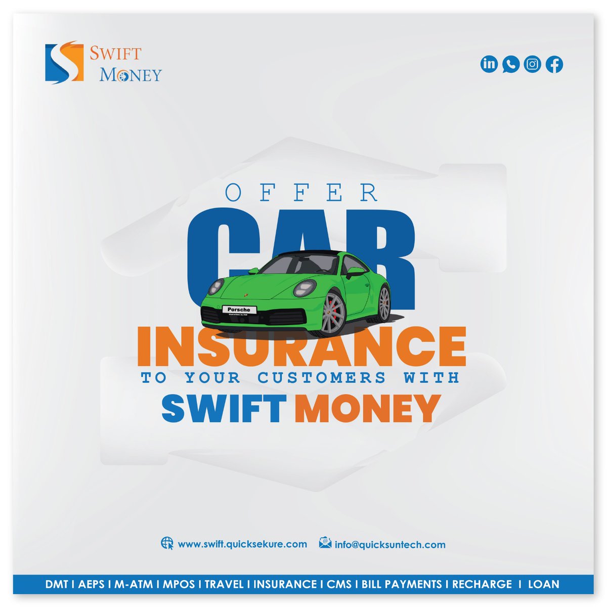 SwiftMoney gives you more options to earn money without changing your business. Now you can sell car insurance to your customers. Contact us directly and start a new service at your current shop. 

#CarInsurance #AutoInsurance #VehicleInsurance #insurancebusiness #businessidea