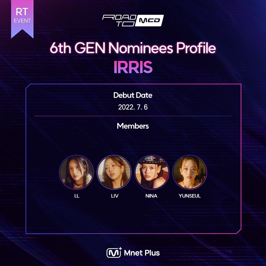 mnetplus's tweet photo. [#ROAD_TO_MAX] @irris_official 
RT MISSION!
Your RT makes the special stage!🔥
Promote your artist and claim the victory of 6th GEN❤️

Selfies from artists whose post have reached 1000 RT will be revealed 🎵
RT and vote right now!

👉https://t.co/RkUs3izgBT
#MnetPlus #엠넷플러스 https://t.co/5308Igw8Mv
