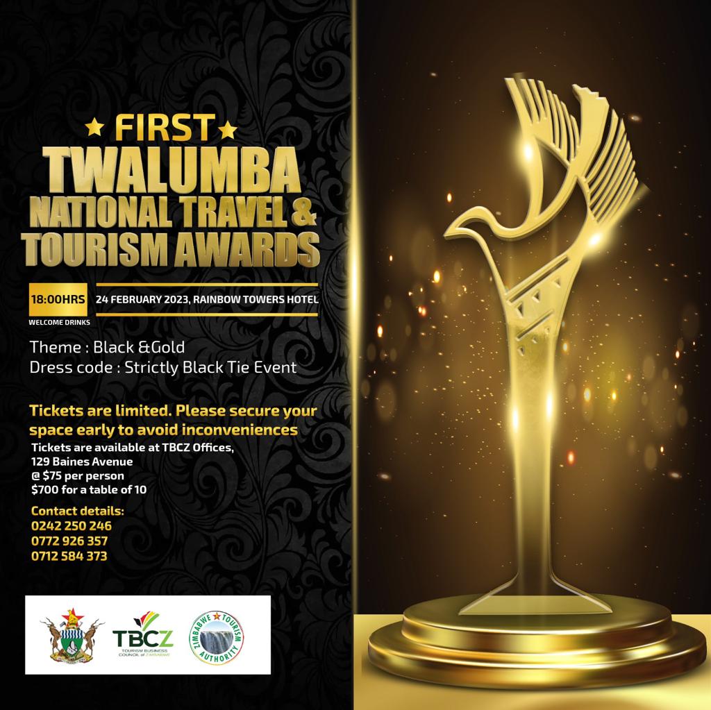 The Twalumba National Travel & Tourism Awards are set for the 24th of February 2023. Save the date! 
#Twalumba
#TourismAwards
#TravelAwards
#MeetInZim 
#VisitZimbabwe 
#ZimBho👍