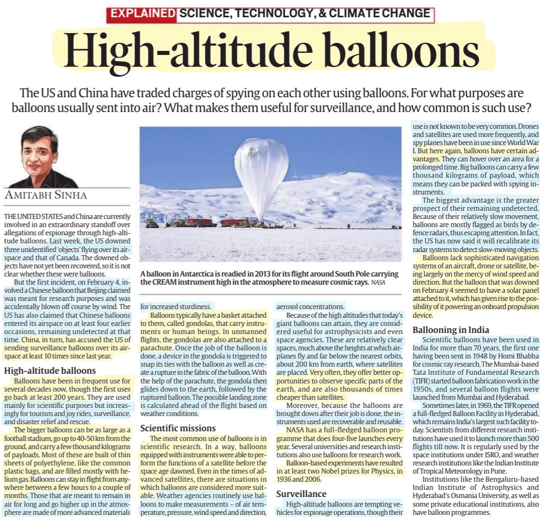 imRavikantYadav's tweet photo. 'High- Altitude Balloons'
:Details,Well explained 

#Balloon #BalloonsEverywhere #BalloonShotDown #BalloonOps #ChinaSpyBalloon 
#USA #China #Canada 
#SpyBalloons #Survelliance #scientific #Science 

#upsc2023 #UPSCPrelims #Upsc 

Source: IE https://t.co/QdrL42BSyA