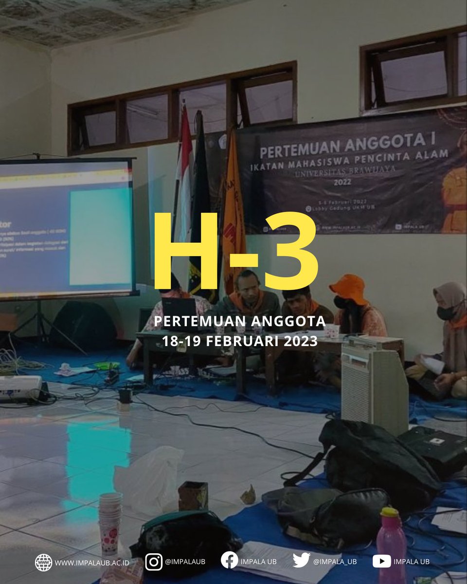 impalaub's tweet photo. [H-3 MENUJU PERANG 2023]

Waktu menuju PERANG semakin dekat
Rapatkan barisan, siapkan konsepan
Sampai bertemu di medan pertempuran!

BRAVO!
#pertemuananggota #IMPALAUB #mapalaindonesia #mapala #mapalamalang #universitasbrawijaya #pencintaalamindonesia #cintaalamindonesia https://t.co/p1xiAPmBCY