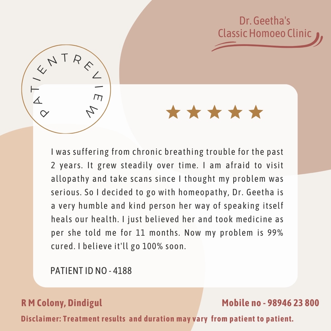 #googlereview #homeopathy #homeopathicmedicine  #drgeethashomeo #Homeoclinic #testimonials  #breathing #breathingdifficulty #homoeo_clinic_in_dindigul #dindigul #drgeethas_classic_homoeo_clinic - Dr Geetha's Classic  Homoeo Clinic, R M Colony Dindigul. Mobile no - 98946 23 800