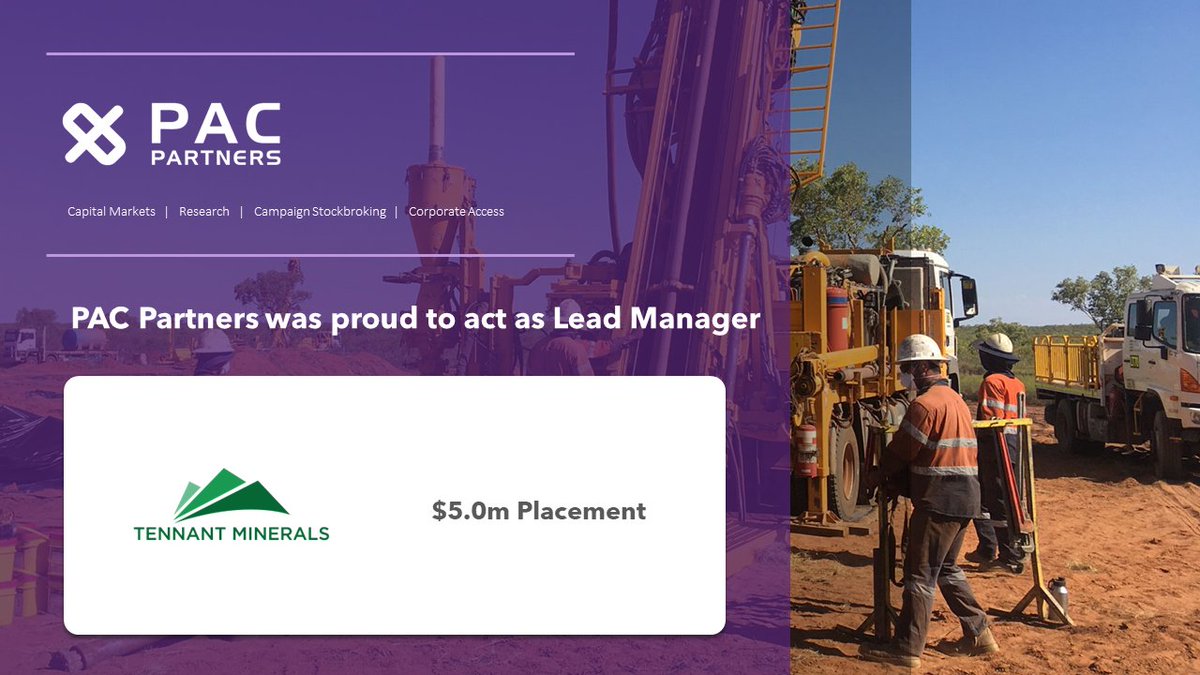 PAC Partners (@pac_partners) on Twitter photo <a href="/PAC_Partners/">PAC Partners</a> was proud to act as Lead Manager to <a href="/TennantMinerals/">Tennant Minerals Limited</a>' oversubscribed #Placement raising $5m. Net proceeds are principally being applied to further fund key #drilling programs and development at its #Barkly Project.
$TMS #copper #gold #resources #mining #WA #Bark <a href="/PAC_Partners/">PAC Partners</a> was proud to act as Lead Manager to <a href="/TennantMinerals/">Tennant Minerals Limited</a>' oversubscribed #Placement raising $5m. Net proceeds are principally being applied to further fund key #drilling programs and development at its #Barkly Project.
$TMS #copper #gold #resources #mining #WA #Bark