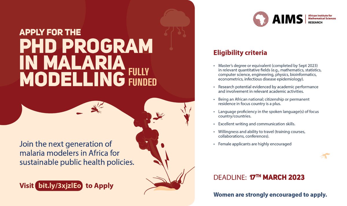 #CallforApplications. Are you passionate about reducing the burden of #Malaria in #Africa? join the fully-funded #PhD program in #MalariaModeling by @MaModAfrica Consortium and create an impact in #PublicHealth. Apply before 17 March 2023 at bit.ly/3Ir7f0c.