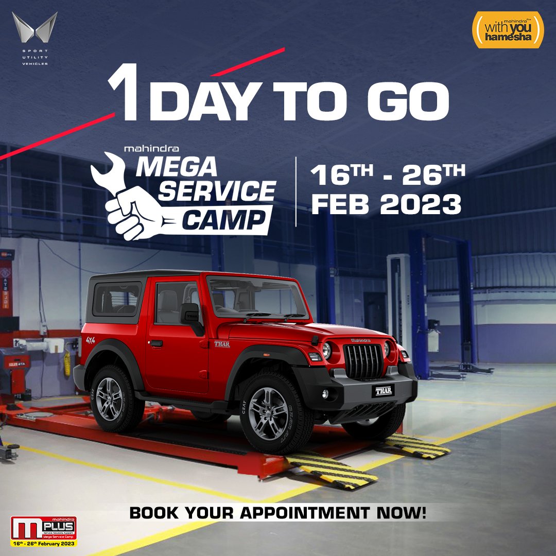 18002096006's tweet photo. Your SUV is ready to be the best one on the road. You just need to drive it to the nearest Mahindra service center. The Mahindra Mega Service Camp begins tomorrow.

Book your service now: https://t.co/bZOMeRAwDD

#WithYouHamesha #mPlus75 https://t.co/sD7kUjHbBc