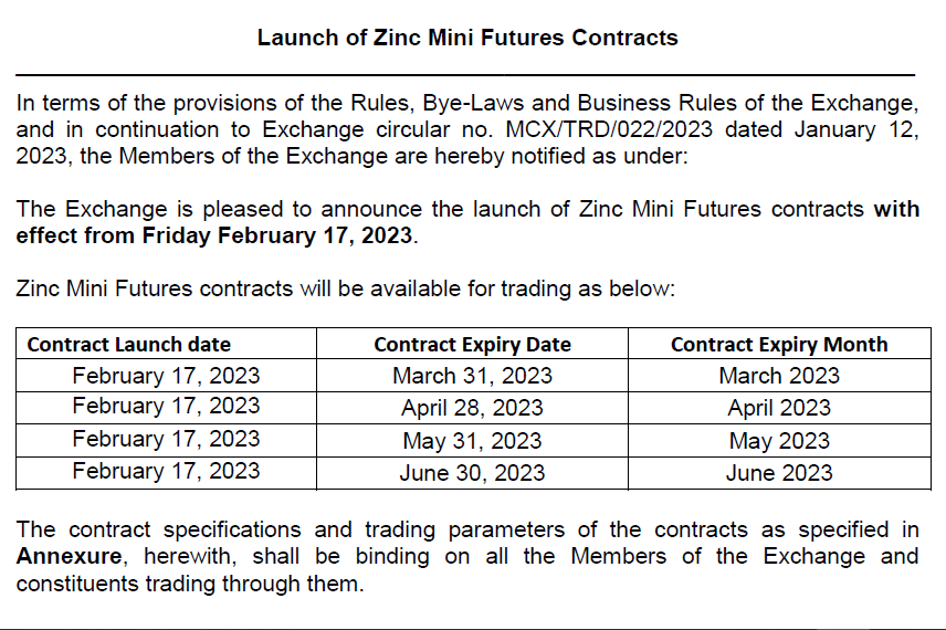 Sharmaravin1903's tweet photo. Glad to inform that Exchange will launch the Zinc Mini Futures Contract (1 MT lot size) on 17th February, 2023. The circular is attached for your ready reference. #mcx #zincmini #basemetals #lme #shfe https://t.co/MuE6nYskAn