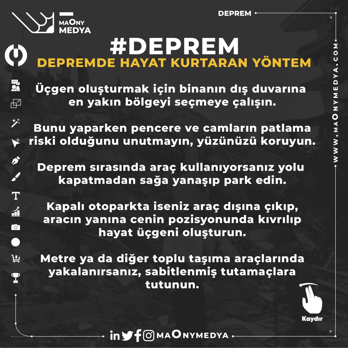 Depremde hayatınızı kurtarmaya yardım edebilecek bazı öneriler… 

#Deprem #Kahramanmaraş #Gaziantep #Osmaniye #Kilis #Malatya #Adana #Hatay #Adıyaman #Diyarbakır #Şanlıurfa #AHBAP #AFET #kızılay 

++++++++++++++++++++