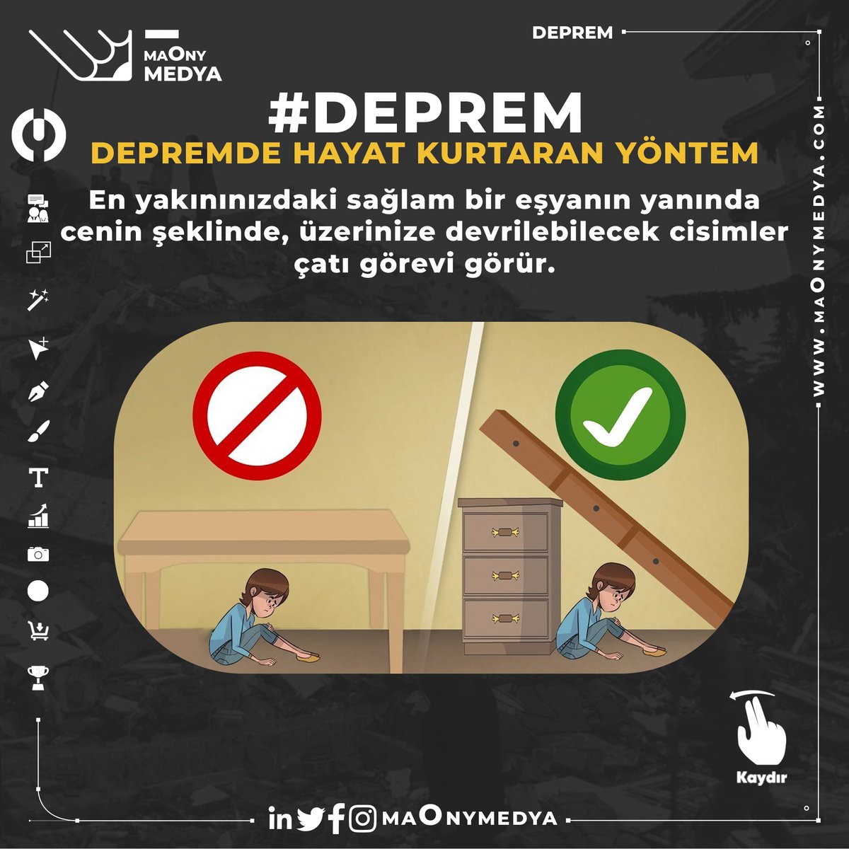 Depremde hayatınızı kurtarmaya yardım edebilecek bazı öneriler… 

#Deprem #Kahramanmaraş #Gaziantep #Osmaniye #Kilis #Malatya #Adana #Hatay #Adıyaman #Diyarbakır #Şanlıurfa #AHBAP #AFET #kızılay 

++++++++++++++++++++