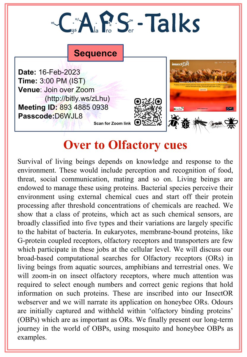 NCBS_Bangalore's tweet photo. The #survival of life involves perception and recognition of food, threat, social communication, mating & more. How do #proteins involved in #olfaction help in managing these processes?
Join us for this week's #CAPStalk 'Over to Olfactory Cues', 16th Feb at 3 pm!
#InsectOR #OBP https://t.co/b01BkRK4Dn