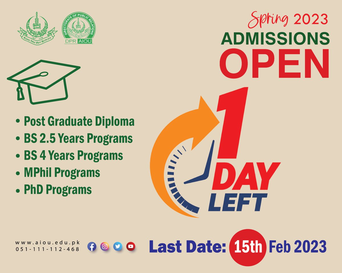 Apply now at:
fmbp.aiou.edu.pk/application/in…
#aiouactivities #aiounews #aioustudents #aiou_updates #EducationForAll #distancelearning #admissionsopen2023 #BS #MATRIC #FA #MPHIL #PhD