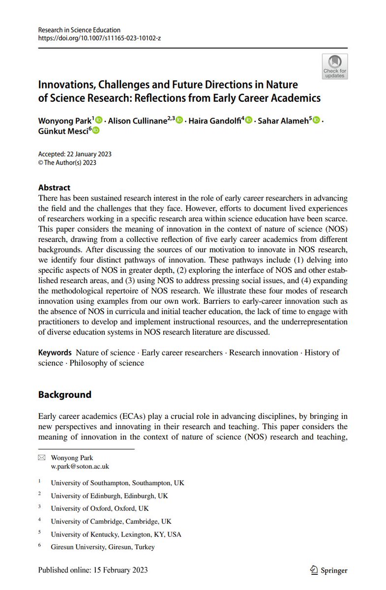 WonyongPark89's tweet photo. 📢Hot off the press* In this new OA paper with @AlisonCullinan2 , Haira Gandolfi, @AlamehSahar and @MesciGunkut, we reflect on our life histories to identify motivations, pathways to innovation &amp; barriers related to researching #natureofscience as ECRs. https://t.co/FORQmTpVAD https://t.co/HXH24DmLt1