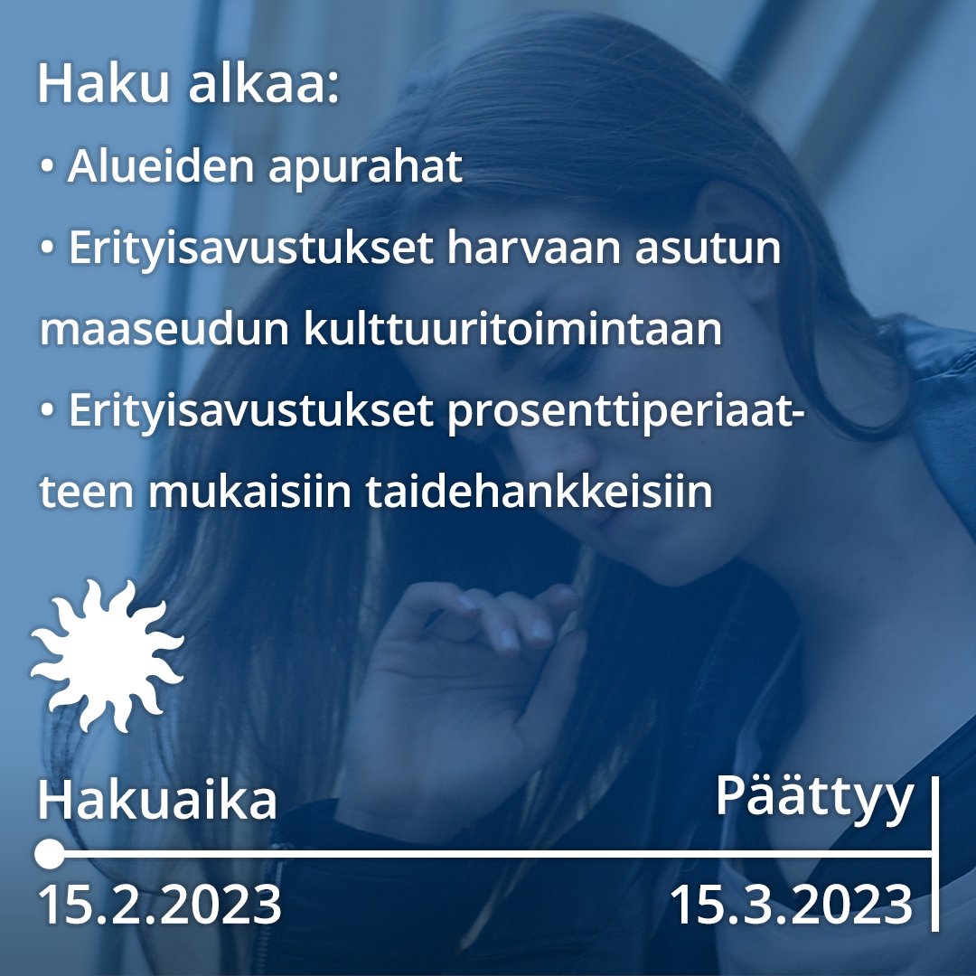 Tänään on auennut apuraha- ja avustushakuja:

🔶 Alueiden apurahat
🔶 Erityisavustukset harvaan asutun maaseudun kulttuuritoimintaan
🔶 Erityisavustukset prosenttiperiaatteen mukaisiin taidehankkeisiin

📅 Hakuaika päättyy 15.3. klo 16.00

➡️ taike.fi/fi

#taiketukee