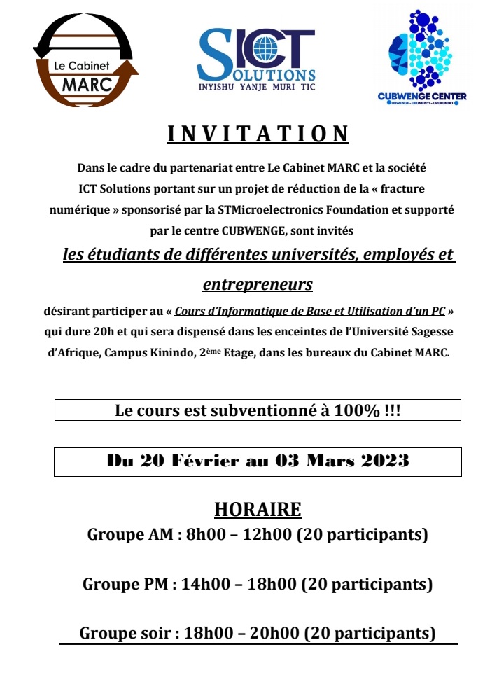 cubwenge's tweet photo. Dans le cadre de la mise en application du programme #digitalunify de la @STFoundation3, le centre @cubwenge en collaboration avec @LeCabinetMARC donne l'opportunité à toute personne intéressée à suivre ce cours.
@inyishu_TIC 
#réduirelafracturenumérique https://t.co/L5qGOPSn4m
