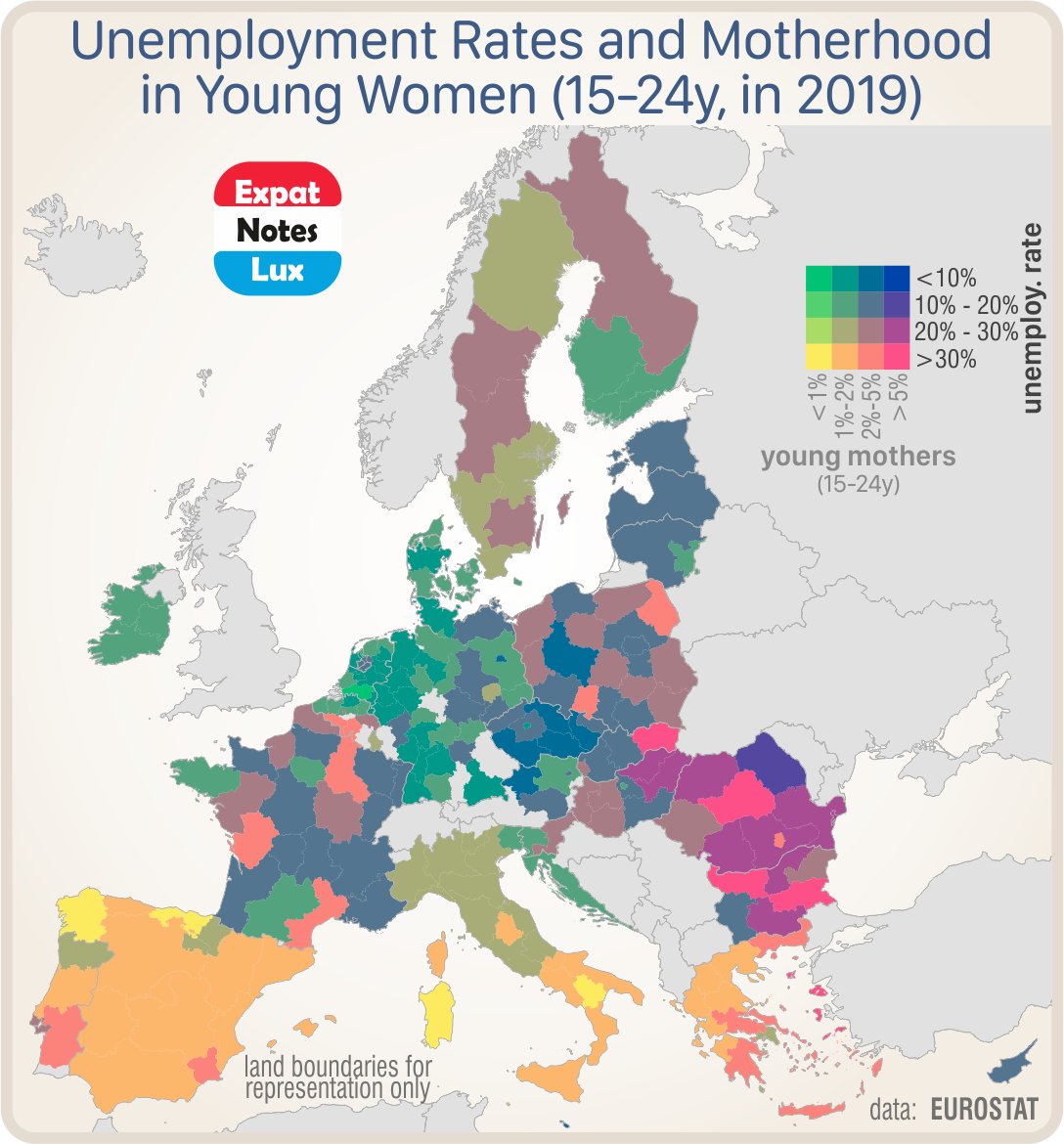 Regional #unemployment and #birth rates (#motherhood) in young #women aged 15 to 24 in #EU in 2019 (in %). See any correlation?

(Similar graph with #GDP #PPS per capita as well)

#ExpatNotesLux #employment #demography #opendata #EUOpenData @EU_Eurostat @EU_opendata @STATEC