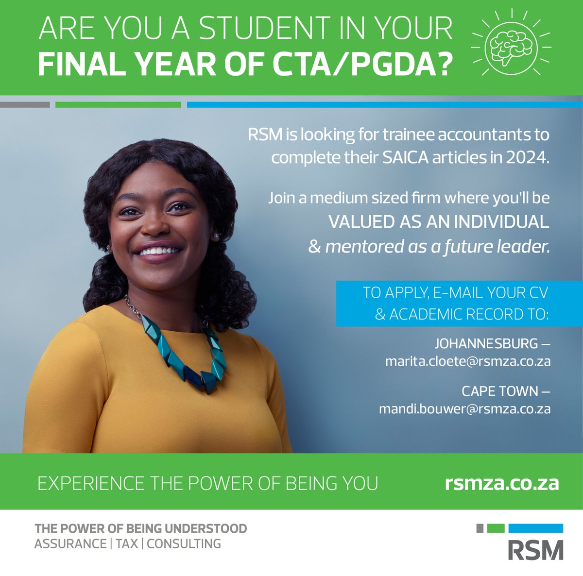 RSM_za's tweet image. Are you a student in your final year of CTA/ PGDA? #RSM is searching for trainee accountants to complete their #SAICA articles in #2024. Apply now and become a future leader in a supportive and dynamic work environment. Apply here: bit.ly/3RZ7T8t  #TraineeAccountant