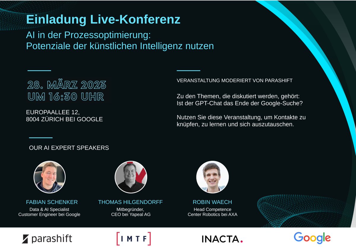 Was bringt #KünstlicheIntelligenz (#KI) mit sich?
1. Automatisierung
2. Verbesserung der Entscheidungsfindung
3. Erweiterung der Fähigkeiten
Mehr dazu erfahren Sie an unserem Event bei Google am 28. März: bit.ly/3Y13aFi