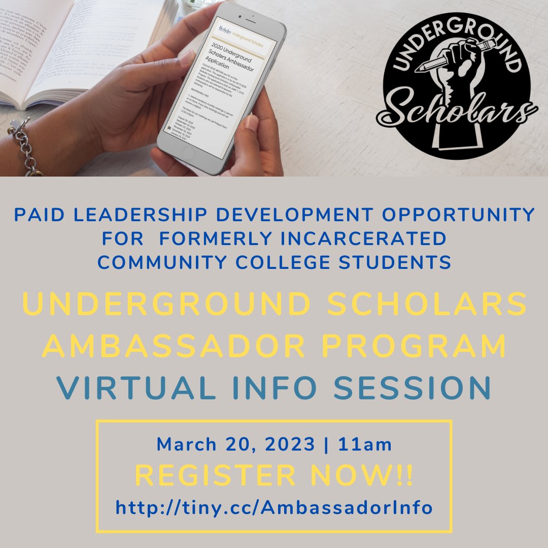 We are recruiting formerly incarcerated students to participate in the Underground Scholars Ambassadors Program, a paid leadership development opportunity for California Community College (FI) students. 
#undergroundscholars #undergroundscholarsambassadors #risingscholarsnetwork