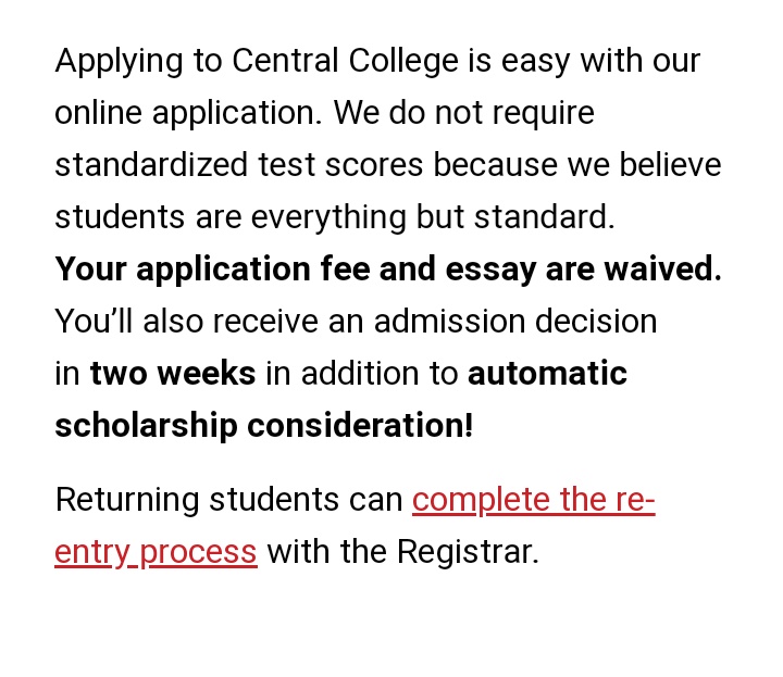 AbrahamOkah2's tweet photo. Apply to this School in the US! 
📌 Application fee waived.
📌 Tests Optional.
📌 Get a response in 2 weeks.
📌 Automatic Scholarship Consideration.
Tag your friends..
Central College.
https://t.co/7jsGZ4FJg4
Degrees &amp; Programs Offered.
https://t.co/Ut5BxFjegy https://t.co/ZC9612PU7G