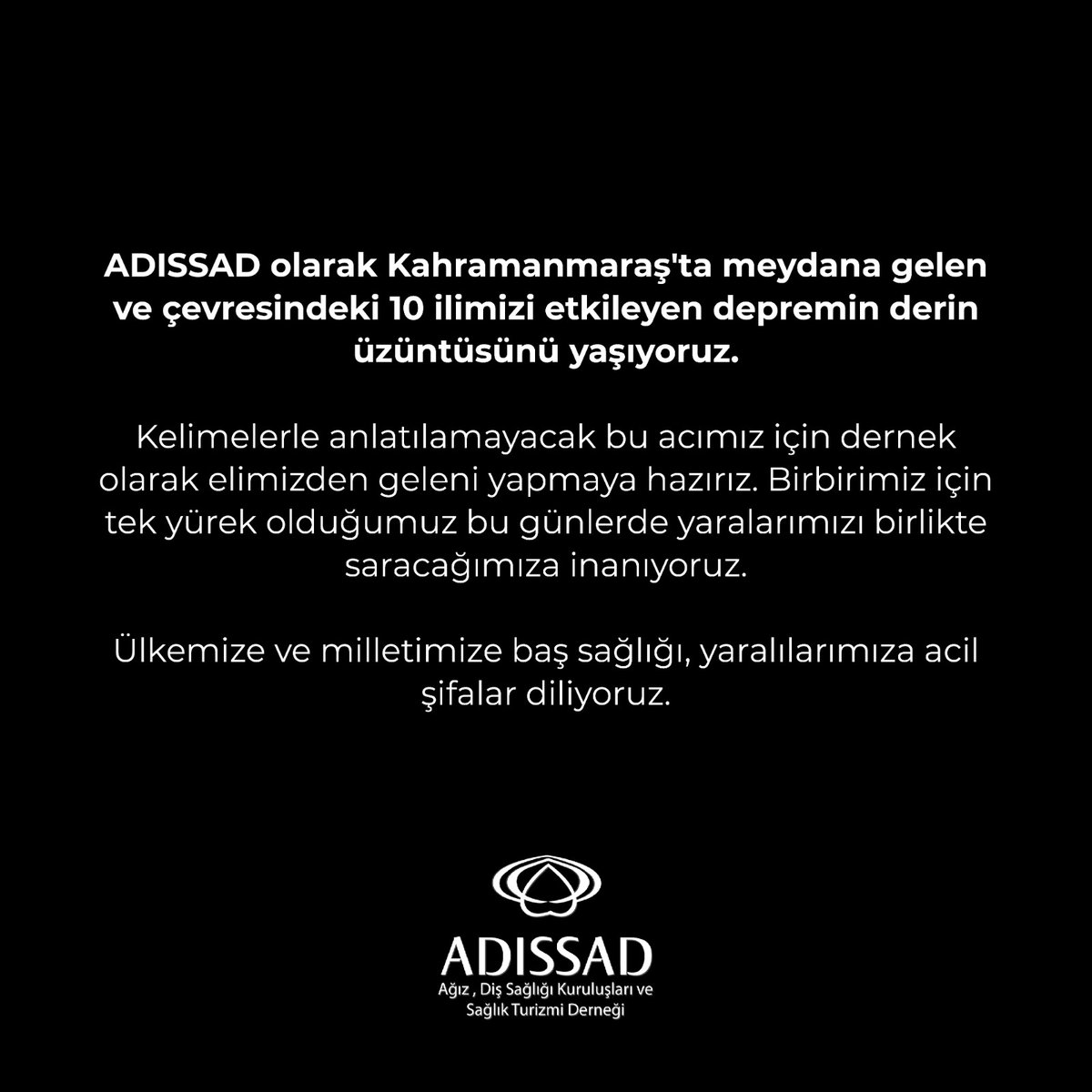 Ülkemize ve milletimize baş sağlığı, yaralılarımıza acil şifalar diliyoruz. 

#deprem #kahramanmaraş #hatay #diyarbakır #gaziantep #adana #malatya #acımızbüyük