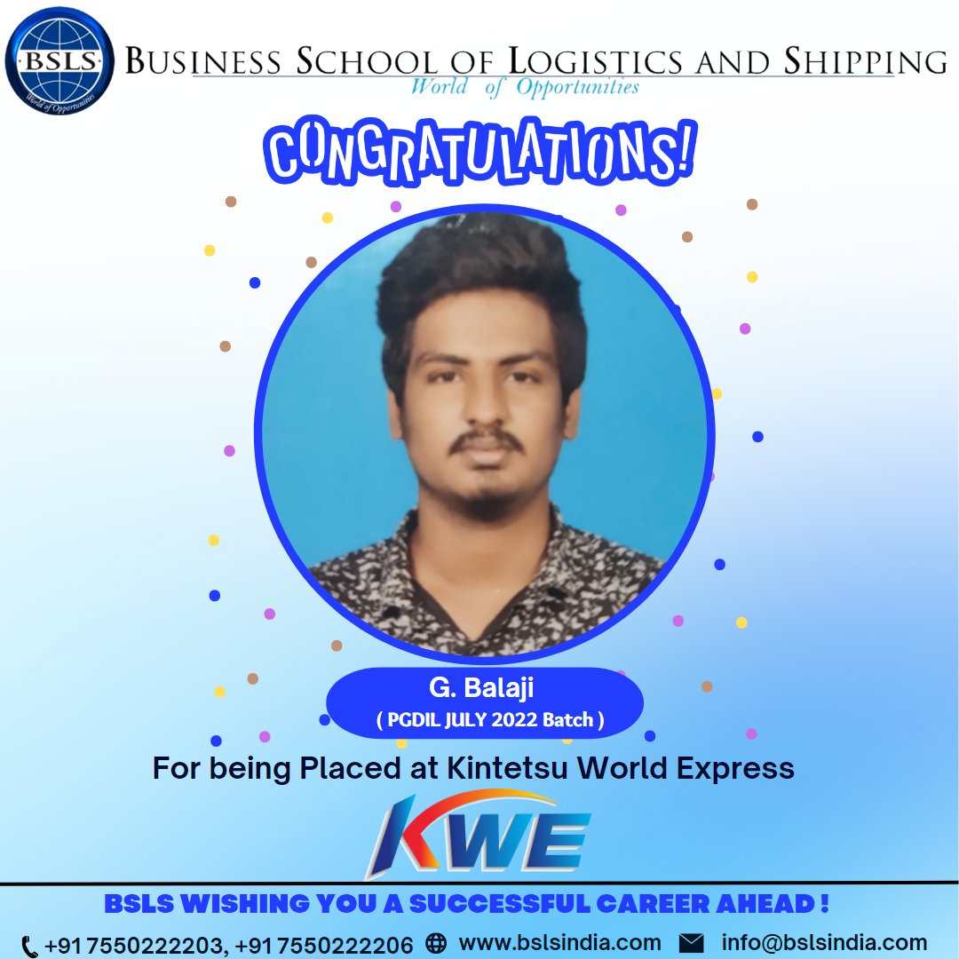bslsindia08's tweet photo. Congratulations! We are extremely proud &amp; elated of our Student Balaji for being placed at Kintetsu World Express-Chennai as a Sales Executive. BSLS wishes you a successful career ahead!!
#bslsindia #logisticseducation #success #kintetsu #assuredplacement #internationalintership https://t.co/gvjd3gyIhH