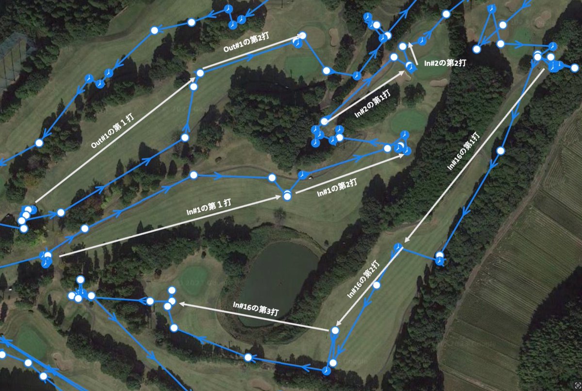 TrackimoG's tweet image. 昨日はお休みを頂き、Trackimo端末を帯同して千葉の某ゴルフ場をラウンドしました。測位間隔を1分としたらこんな感じでした。青い線がTrackimoの動線、白い線はボールの想定ルートです。感覚的には誤差は数mでした。電池は行き帰りのドライブルートを含めて問題なしでした。問題はゴルフの腕前です。