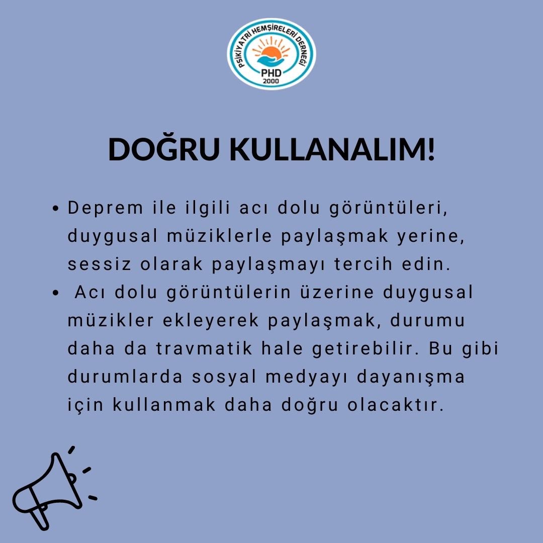 Depremde sosyal medya kullanımına yönelik dikkat edilmesi gerekenler halkında psikiyatri hemşirelerimizden mesaj var!
@psikiyatrihemsireleridernegi
