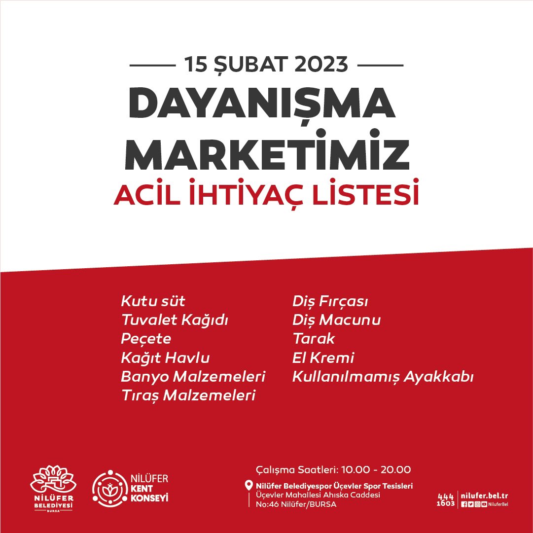 Bursa'ya gelen depremzedeler için Dayanışma Marketimiz Üçevler Spor Tesisimizde!
Desteklerinizi 10:00 - 20:00 saatleri arasında tesisimize teslim edebilirsiniz.