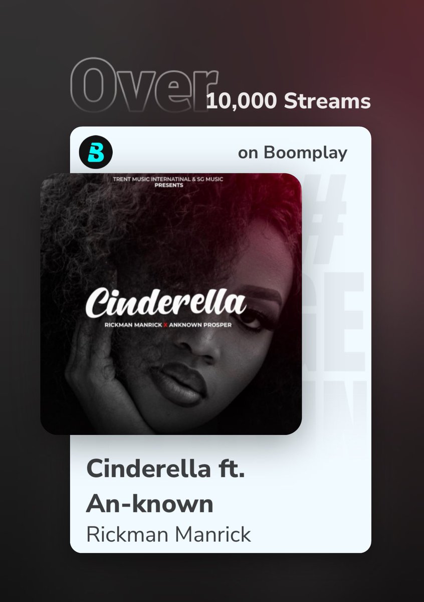BoomplayMusicUG's tweet photo. Less than A month and #Cinderella has #Over10k streams on #Boomplay, the feedback is massive..
Thank you all for Loving the song, keep streaming for FREE.
@AnknownProsper @RickmanManrick https://t.co/PbaQwHrNdH