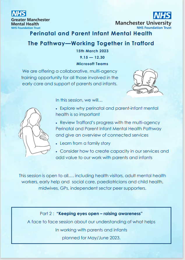 TraffordIPS's tweet photo. We are offering multi agency pathway training for Perinatal &amp; Parent Infant Mental Health in Trafford. For colleagues in Trafford as an opportunity to build relationships across our services whilst keeping the support of parents &amp; babies in mind. DM to book or for more details https://t.co/rcQKVg6WWK