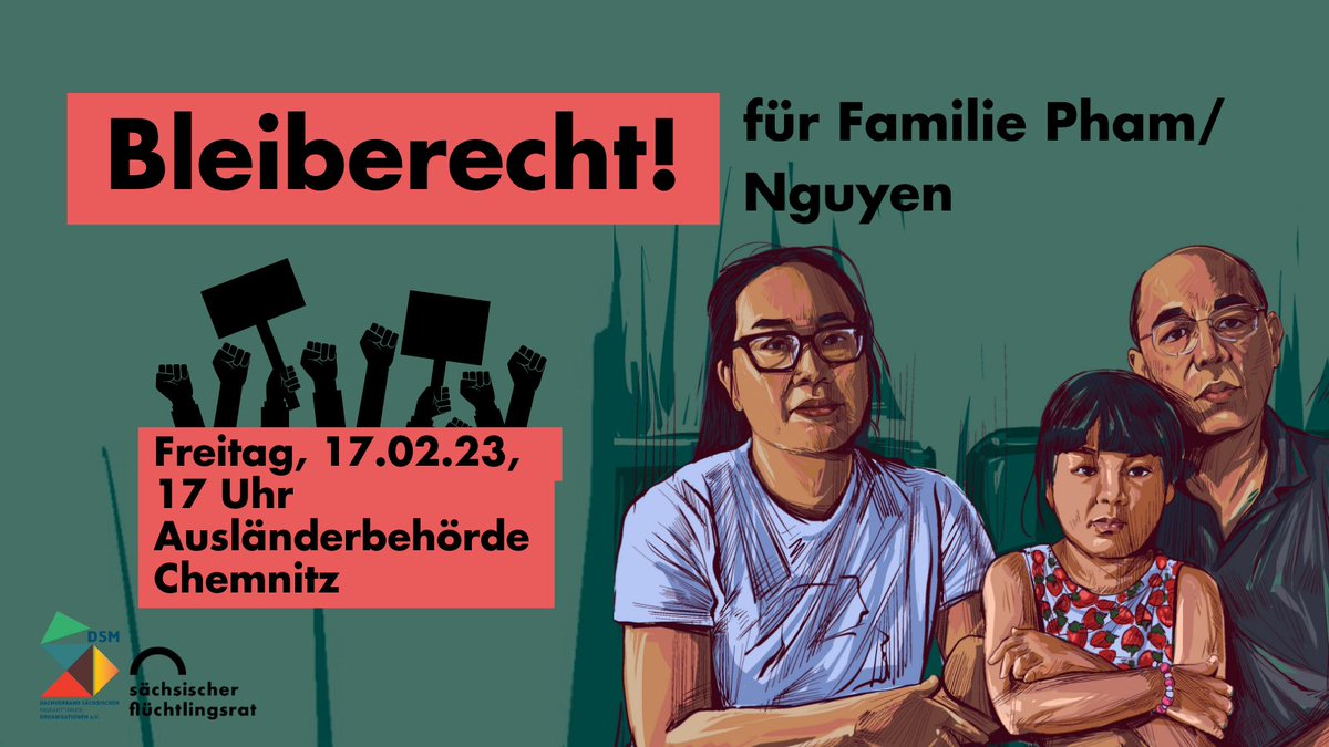 Demoaufruf: Solidarität mit Familie Pham/Nguyen am Freitag in #Chemnitz!

Wir nehmen diese Situation nicht hin! 36 Jahre müssen reichen! 

Bleiberecht für Familie Pham/Nguyen!

Mehr Infos:
saechsischer-fluechtlingsrat.de/de/2023/02/15/…