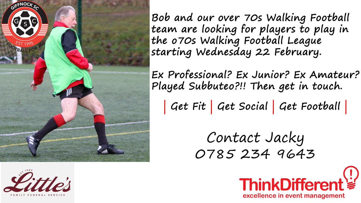 We're on the lookout for players born 1953 or earlier to make up the squad for the over 70s league &amp; cup competitions this year. Any players you know who may be interested please ask them to get in touch and/or come along on Sunday.  Cheers Jacky 
<a href="/WalkingFootScot/">Walking Football Scotland 👣⚽️</a> 
<a href="/Giffnock_SC/">Giffnock SC</a>