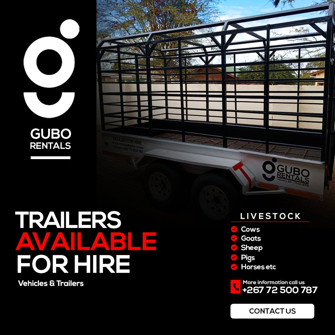 Farm & Livestock Trailers available for rent. 🐮🌽
Price; P550 per 24hrs
 🙂
Call: +267 72 500 787
Email: rentals@gubo.co.bw

#GuboRentals #Trailers #Rentals #BotswanaBrand #PushaBW #SupportLocal