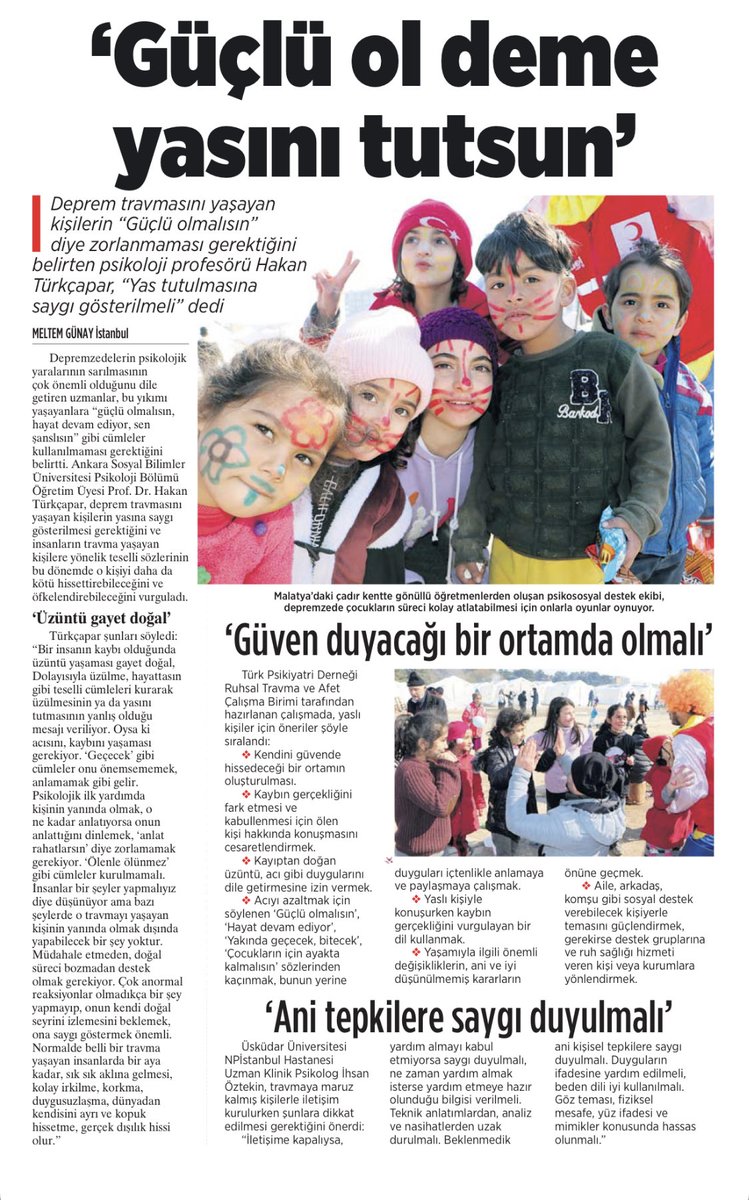 Depremi yaşayan, kayıpları olan insanımızın yanında olmak, yaşam koşullarının iyileşmesi için her tür desteği vermek çok önemli; psikolojik “destek” ise hassas bir konu, “destek” olmaya “çalışırken” doğal iyileşme sürecini bozmayalım ⁦<a href="/milliyet/">milliyet.com.tr</a>⁩ ⁦<a href="/BilisDavranis/">BDPD</a>⁩