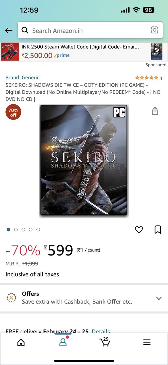 neil3062's tweet photo. @amazon Are you selling pirated video games on your site ? Saw this listing . @fromsoftware_pr Sekiro sold as pirated version https://t.co/eM3hrILdGI