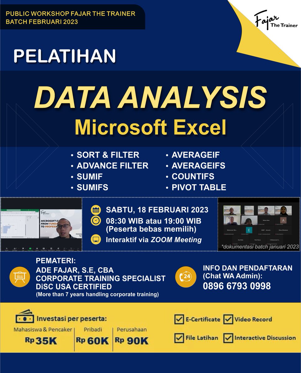 Tingkatkan peluang kerja dengan meningkatkan skill Excel anda! Excel merupakan skill yang wajib dikuasai di dunia kerja. Ayo belajar Analisis Data menggunakan Microsoft Excel bersama Coach Fajar. 
Tunggu apalagi? Ayo daftar sekarang