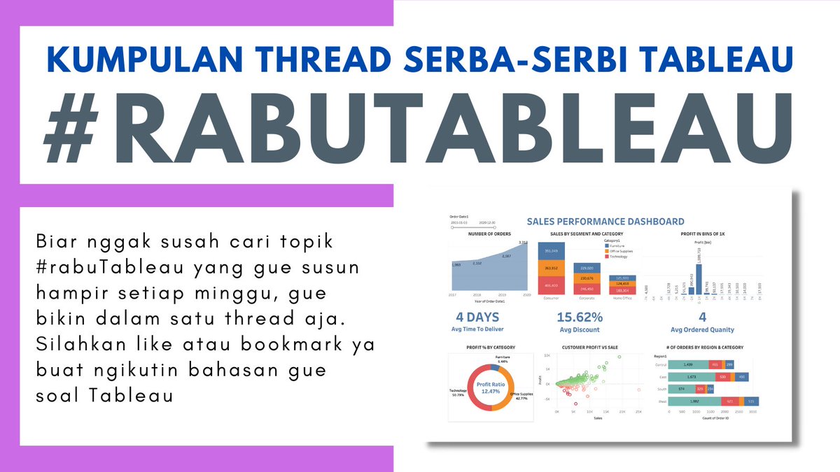 MikaelDewabrata's tweet photo. Agar mudah menemukan konten #rabuTableau , minggu ini gue bikinin satu thread isinya kompilasi serba-serbi Tableau yang gue list secara kronologis.

Simak dan bookmark atau like thread ini supaya bisa ikutin konten #rabuTableau dan bisa belajar dari sini.

👍💾 https://t.co/0FnHAJxq8m